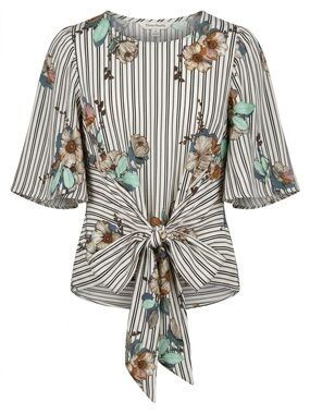 Three Hearts Striped Floral Tie-Front Top in Ivory and Black